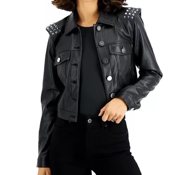 Bar III Jackets & Blazers - Bar III SIZE MEDIUM Studded-Shoulder Faux-Leather Jacket, Created for Macy's